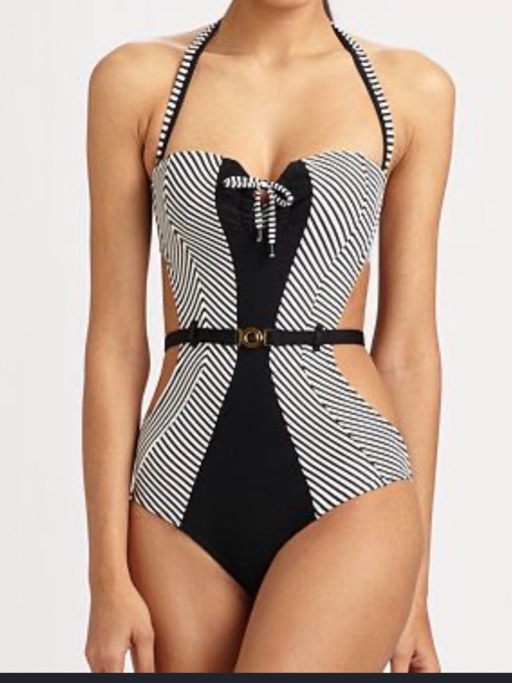 Rosa Cha Black & White Striped Halter Cutout Monokini One-Piece Swimsuit Small